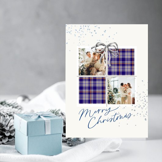 2 Photo X-mas Present Card Blue Tartan Silver Bow Kaart