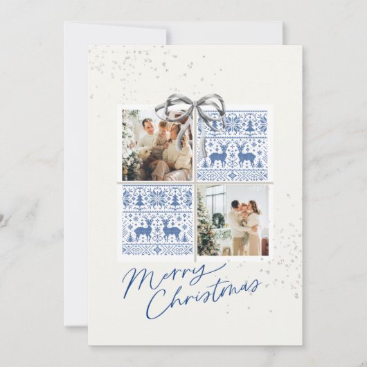 2-Photo X-mas Present Card Nordic Knits Silver Bow Kaart (Voorkant)