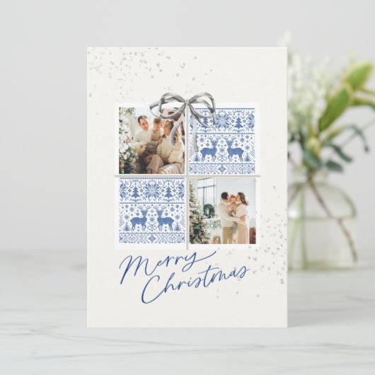 2-Photo X-mas Present Card Nordic Knits Silver Bow Kaart (Staand voorkant)