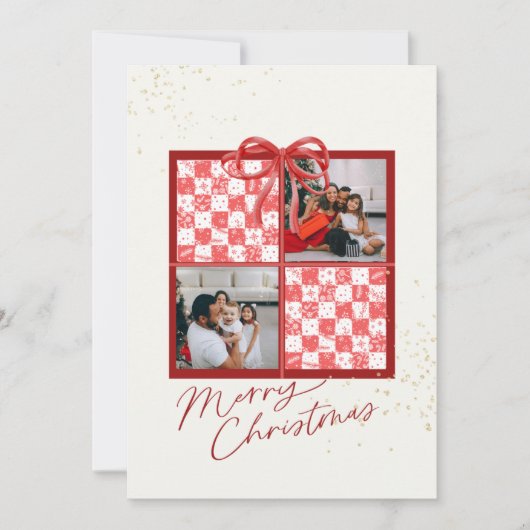 2-Photo X-mas Present Card Red Gingham Snowflakes Kaart (Voorkant)