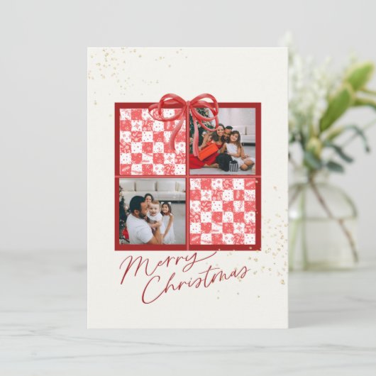 2-Photo X-mas Present Card Red Gingham Snowflakes Kaart (Staand voorkant)