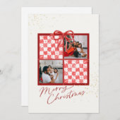 2-Photo X-mas Present Card Red Gingham Snowflakes Kaart (Voorkant / Achterkant)