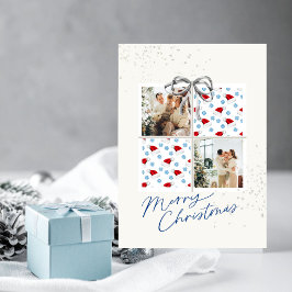 2-Photo X-mas Present Card Santa Hats Silver Bow Kaart