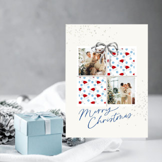 2-Photo X-mas Present Card Santa Hats Silver Bow Kaart