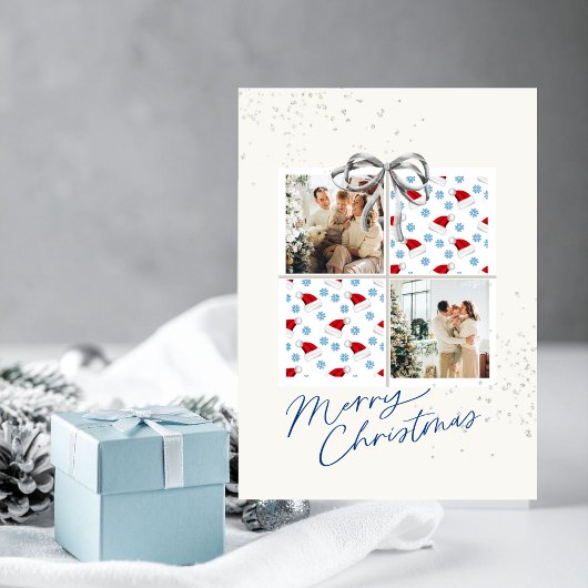 2-Photo X-mas Present Card Santa Hats Silver Bow Kaart