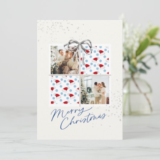 2-Photo X-mas Present Card Santa Hats Silver Bow Kaart (Staand voorkant)