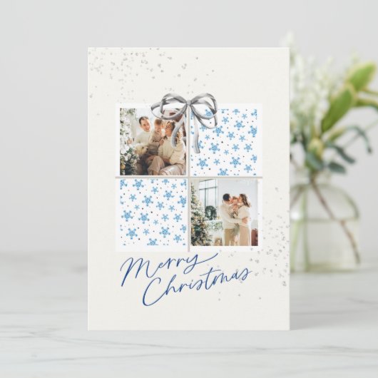 2 Photo X-mas Present Card Snow Stars Silver Bow Kaart (Staand voorkant)