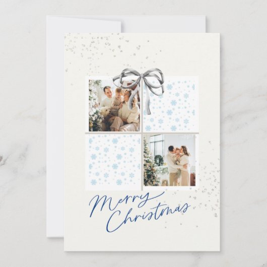 2-Photo X-mas Present Card Soft Snow Silver Bow Kaart (Voorkant)