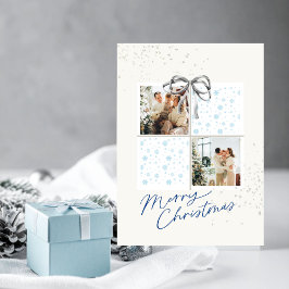 2-Photo X-mas Present Card Soft Snow Silver Bow Kaart
