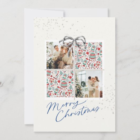 2-Photo X-mas Present Card Ugly Sweater Silver Bow Kaart (Voorkant)