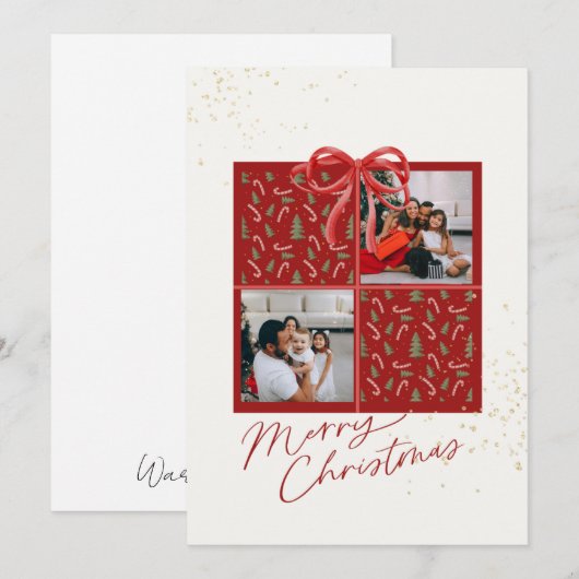 2-Photo Xmas Present Card Candy Canes Firs Red Bow Kaart (Voorkant / Achterkant)
