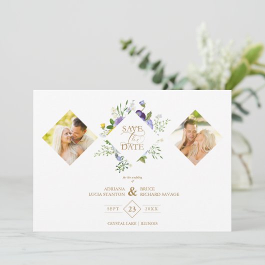 2 Photos Chic Romantic Lilac Shades Floral Bouquet Save The Date (Staand voorkant)