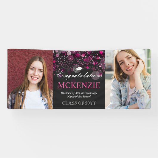 2 Photos Congratulations Hot Pink Bokeh Graduation Spandoek (Horizontaal)