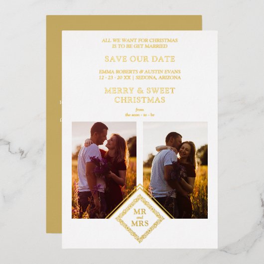 2 Photos Fancy MR & MRS Christmas Wedding Folie Feestdagenkaart (Voorkant / Achterkant)