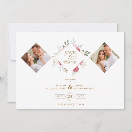 2 Photos Fancy Romantic Pink Shades Floral Bouquet Save The Date (Voorkant)