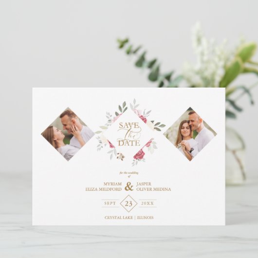 2 Photos Fancy Romantic Pink Shades Floral Bouquet Save The Date (Staand voorkant)