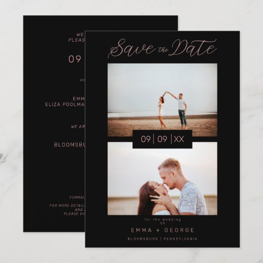 2 Photos Modern Collage Wedding Wimshical Script Save The Date (Voorkant / Achterkant)