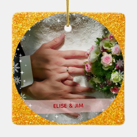 2 Photos Our First Christmas Mr Mrs Gold Glitter  Keramisch Ornament (Achterkant)