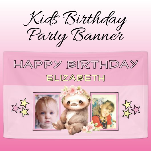 2 photos sloth birthday name kids pink party spandoek
