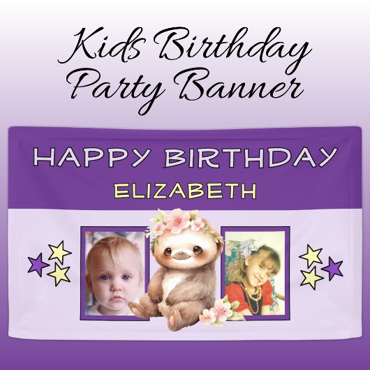 2 photos sloth birthday name kids purple party spandoek