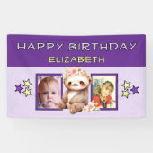 2 photos sloth birthday name kids purple party spandoek (Horizontaal)