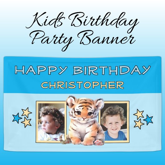 2 photos tiger birthday name kids blue party spandoek