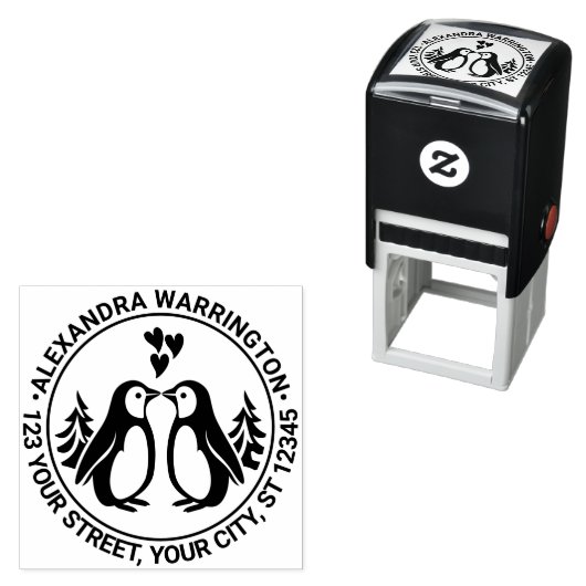 2 pinguïns zoenen, harten naam terug adres  zelfinktende stempel (In situ)