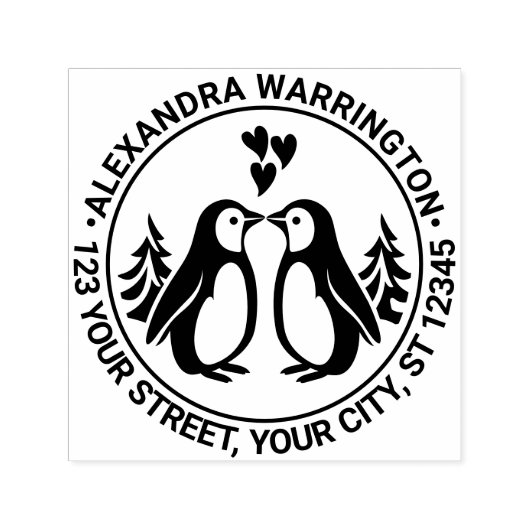 2 pinguïns zoenen, harten naam terug adres  zelfinktende stempel (Design)