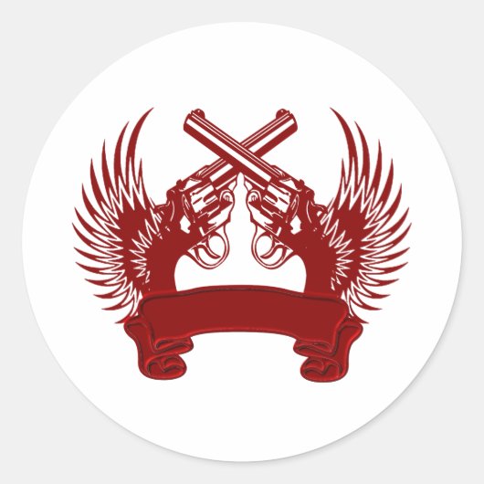 2 PISTOLEN OMHOOG  RONDE STICKER (Voorkant)