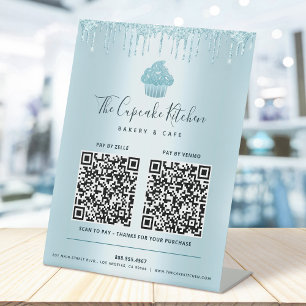 2 QR Code Betaal hier Blauwe Cupcake Glitter Bakke Reclamebord Met Voetstuk