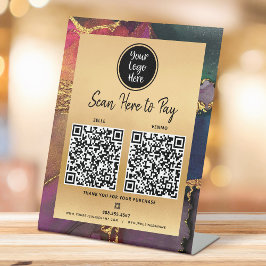 2 QR Code Betaal hier Logo Goud Paars Blauw Agaat Reclamebord Met Voetstuk
