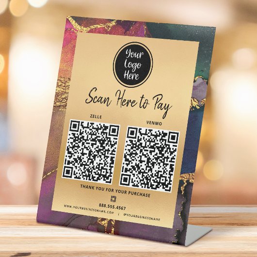 2 QR Code Betaal hier Logo Goud Paars Blauw Agaat Reclamebord Met Voetstuk