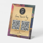 2 QR Code Betaal hier Logo Goud Paars Blauw Agaat Reclamebord Met Voetstuk (Voorkant)