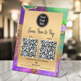 2 QR Code Betaal hier Logo Goud Paars Groen Agaat Reclamebord Met Voetstuk