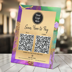 2 QR Code Betaal hier Logo Goud Paars Groen Agaat Reclamebord Met Voetstuk