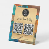 2 QR Code Betaal hier Logo Goud Turquoise Blauw Ag Reclamebord Met Voetstuk (Voorkant)