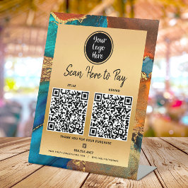 2 QR Code Betaal hier Logo Goud Turquoise Blauw Ag Reclamebord Met Voetstuk