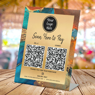 2 QR Code Betaal hier Logo Goud Turquoise Blauw Ag Reclamebord Met Voetstuk