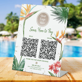 2 QR Code Betaal Hier Logo Tropische Palm Gouden G Reclamebord Met Voetstuk