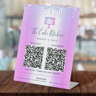 2 QR Code Betaal hier Paarse Cake Bakkerij Glitter Reclamebord Met Voetstuk