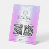 2 QR Code Betaal hier Paarse Cake Bakkerij Glitter Reclamebord Met Voetstuk (Voorkant)