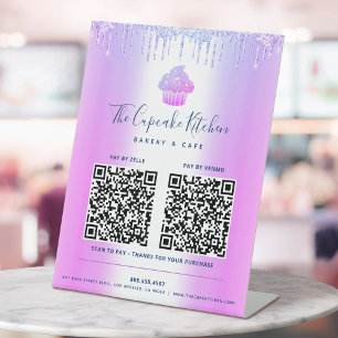 2 QR Code Betaal hier Paarse Cupcake Glitters Bank Reclamebord Met Voetstuk