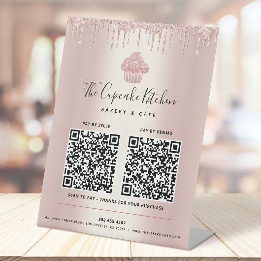2 QR-code betaal hier Roos Gold Cupcake Glitter Dr Reclamebord Met Voetstuk