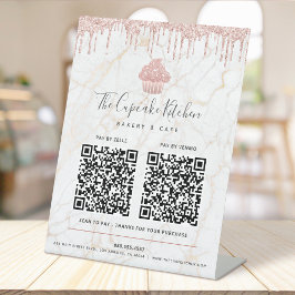 2 QR Code Betaal Hier Roze Cupcake Glitter Marmer Reclamebord Met Voetstuk
