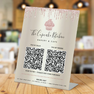 2 QR Code Betaal Hier Roze Cupcake Glitters Glanze Reclamebord Met Voetstuk