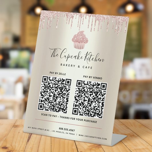 2 QR-code betaal hier Roze koekje Glitter Gold Dri Reclamebord Met Voetstuk