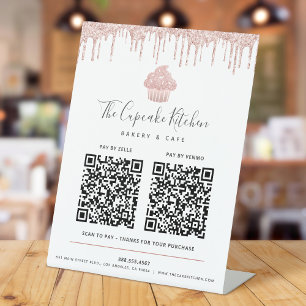 2 QR-code betaal hier Roze Rose Gold Cupcake Glitt Reclamebord Met Voetstuk
