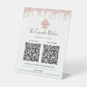 2 QR Code Betaal Hier Roze Roze Goud Kappie Glitte Reclamebord Met Voetstuk (Voorkant)