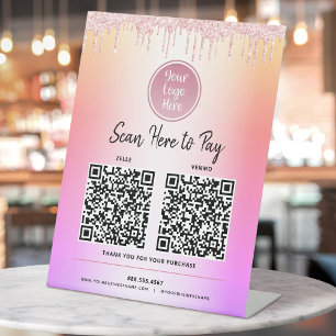 2 QR-code Logo Roze glitter betaal hier regenboogo Reclamebord Met Voetstuk