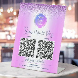 2 QR Code Paars Glitter Aangepast Logo Scan Betale Reclamebord Met Voetstuk